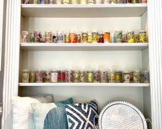 $8 each; many available; vintage state/city/national parks glasses; most are frosted; great pictures and colors;                                                                                                                                 $24; large, off white, textured pillow;                                               $28; turquoise circle, wool pillow;                                                         $28; blue and white geometric wool pillow;                                   $48; 17"d; forged aluminum serving tray with scrolled handles