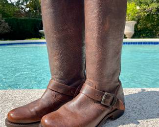 SOLD: Frye high, brown, leather buckle boots; size 8