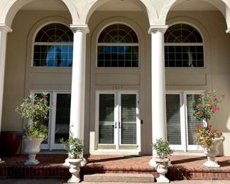 $350 each (6 available); 18d x 25h concrete draped urns;                                                                                                    
$600 each (2 available); 34d x 36h; estate-sized urns with handles;                                                                                                         $600; 32d x 37h; red glazed planter                                                                                             