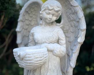 $600; 26 x 24 x 48; 2-piece concrete angel fountain; close up of angel