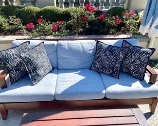 $800; 80 x 36 x 32; Restoration Hardware teak sofa with 3 back cushions and 3 seat cushions;                                   $24 each (4 available); navy blue and white pillows