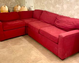 $650; 68 x 34 x 34 (long section); 38 x 34 x 34 (end); 34 x 34 x 34 (corner); red, Pottery Barn sectional with unattached pillows (one end needs to be cleaned)