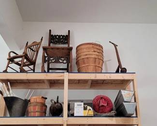 apple baskets, antique scooter