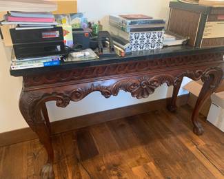 marble top carved wood entry table