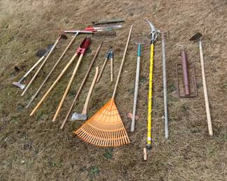 15 pc Yard Tools - Rakes - Pruners - Axes - Fence Post Driver