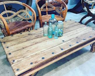 Leather and wood Barrel Chairs and Wood Coffee Table Orlando