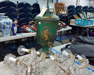 French 1860 Hand painted Lamp and Vintage Crystal Wall Sconces Orlando Auction