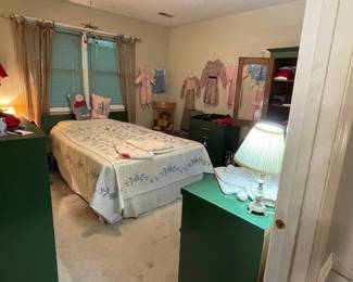 set of green painted Mid Century Modern bedroom furniture