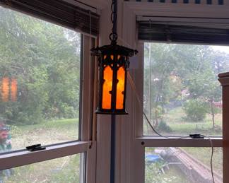 Antique hanging light with slag glass
