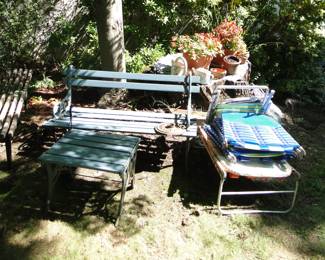 Outdoor bench, ottoman and chairs