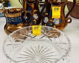 19 th Century Copper Luster Jugs and Cut crystal bowl.