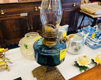 Sapphire glass Victorian oil lamp ca 1900.