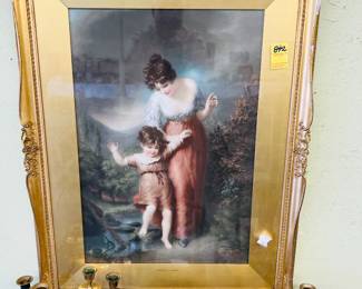 Beautiful Edwardian mezzotint engraving of a mother and child in gilt frame.