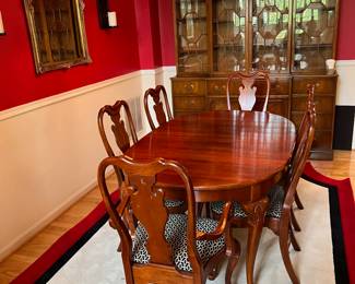 Queen Anne Style Dining Table (64"L x 42"W x 30"H w/ 2 leaves 15"L each) & Queen Anne Style Dining Chairs (2 armchairs, 4 side chairs)