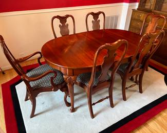 Queen Anne Style Dining Table (64"L x 42"W x 30"H w/ 2 leaves 15"L each) & Queen Anne Style Dining Chairs (2 armchairs, 4 side chairs)