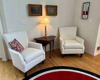 Huntington House White Upholstered Armchairs & Virginia Galleries, Henkel Harris Drop Leaf Side Table 