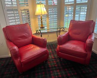 Bassett Red Leather Armchairs & Glass Console Table