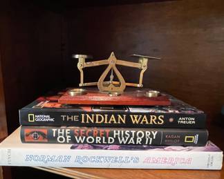 Antique Postal Scale, Norman Rockwell’s America Book, The Secret History of World War II Book, & The Indian Wars National Geographic Book