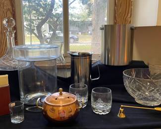 Crystal Decanter & Glass Ice Bucket, Crown Royal Glasses, Crystal Bowl, & Arne Jacobsen Ice Bucket/Champagne Chiller -From Denmark