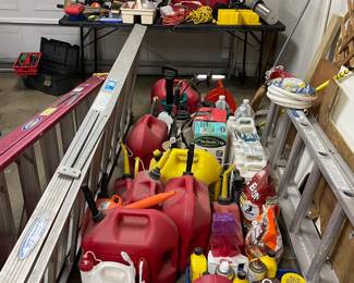 16 ft Extension Ladder, 6 ft, 8 ft & 10 ft A Frame Ladders, Gas Cans, Sprayers, Chemicals                                                    