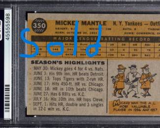 Mickey Mantle 1960 Topps PSA 6 598 Back Sold