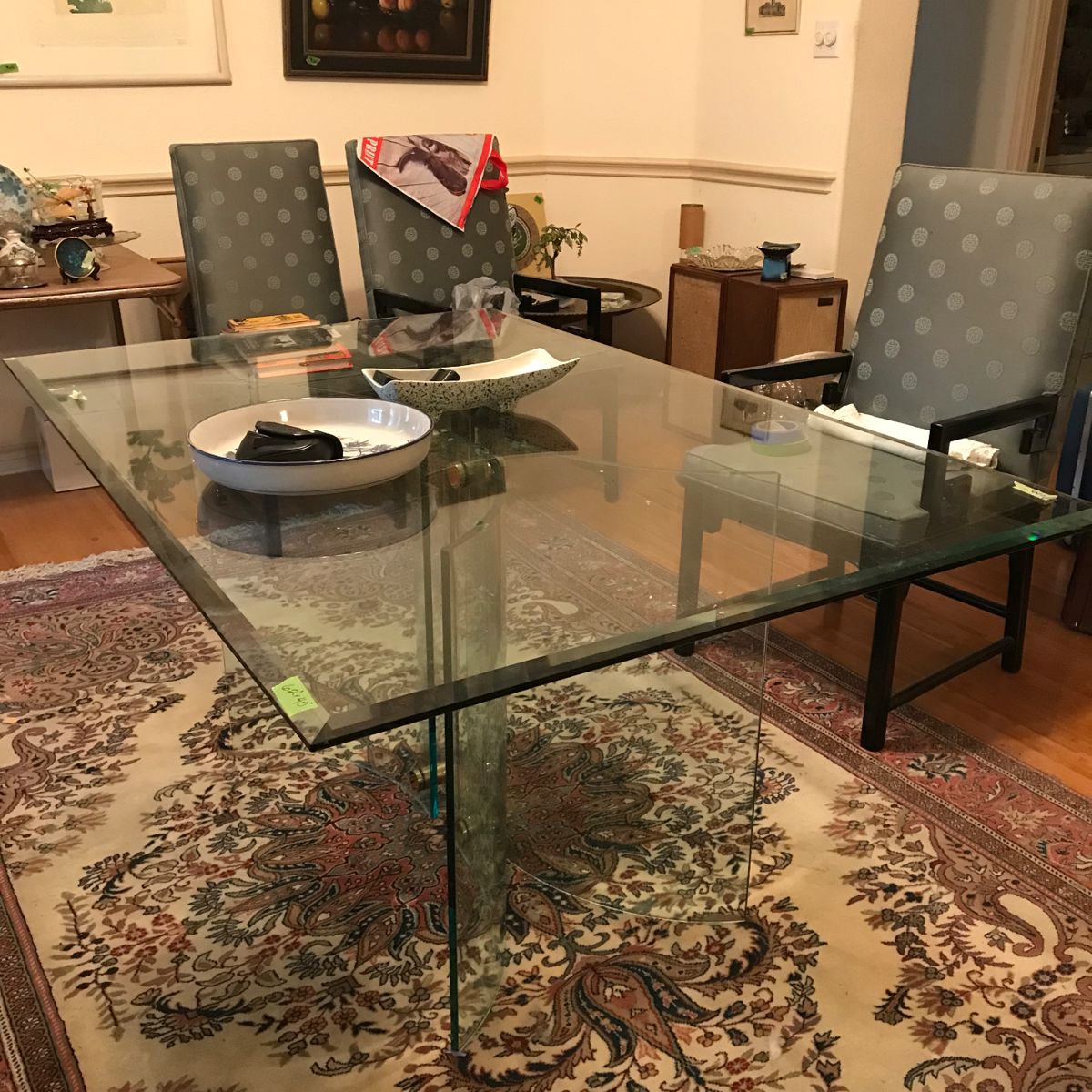 Glass pedestal table and 6 chairs available for pre-sale $600