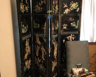 Antique Chinese black lacquer screen with mother of pearl scenery $300