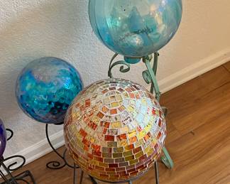 Assortment of Gazing Balls with Stands - Blue Glass, Multicolored Mosaic
