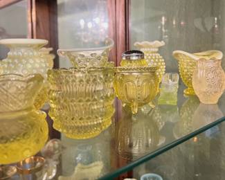 Depression Glass Daisy & Button Mini Pitcher, Yellow Vaseline Glass Footed Gypsy Pot Toothpick Holder , Assortment of Yellow/White Opalescence Vaseline Hobnail Vases