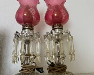 2 Ruby/Clear Drop Crystal Table Lamps