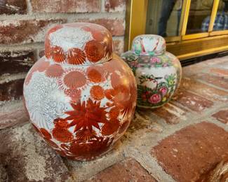 Andrea Japanese Orange/White/Gold Kutani Ginger Jar, Japanese Multicolored Floral Design Ginger Jar