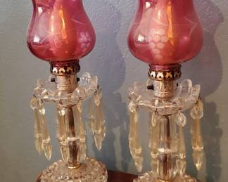 2 Ruby/Clear Drop Crystal Table Lamps