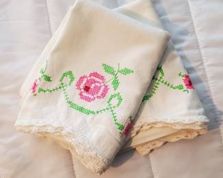 2 Rose Design Needlepoint Pillowcases