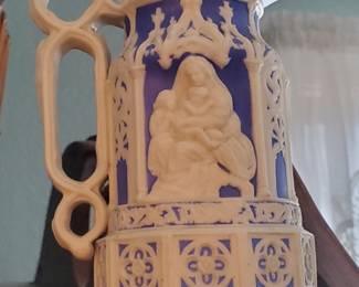 Ornate Blue/White Jug Depicting Woman with Children