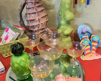 Varying Sizes of Yellow Glass Cordial Glasses, Green Glass Pineapple, Seahorse Pitcher