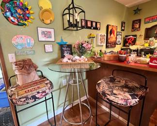 Glass Top Chrome Bar Table, Pair of Bar Stools