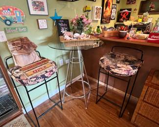 Glass Top Chrome Bar Table, Pair of Bar Stools