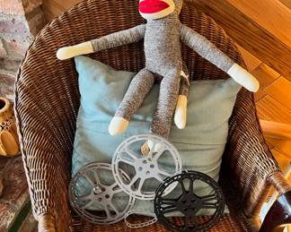 Wicker Arm Chair, Plush Sock Monkey