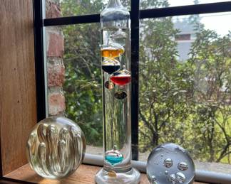Glass Galileo Thermometer, Two Blown Glass Spheres/Paperweights