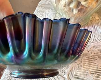 Ruffeled/Leaf Design Carnival Glass Serving Bowl