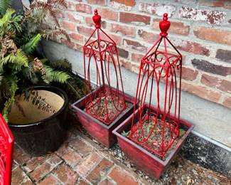 2 Red Metal Trellises, Assortment of Planters