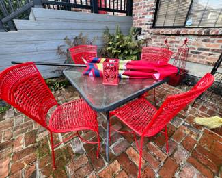 Set of 4 Red Wicker Chairs, Glass Top Patio Table