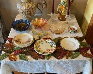 Marigold Carnival Glass Bowl, Ruffeled/Leaf Design Carnival Glass Serving Bowl, Assortment of Dinner Plates