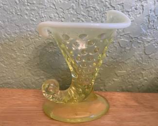 Yellow/White Opalescent Vaseline Glass, Hobnail Cornucopia Vase