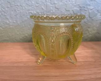 Yellow Vaseline Glass Footed Gypsy Pot Toothpick Holder