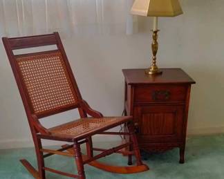 Caned rocker, small cabinet
