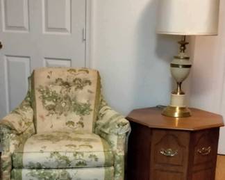 Comfy chair, Holywood Regency lamp, octagon table