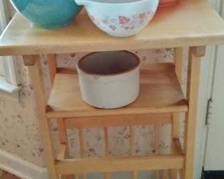 Kitchen cart, cookie jar, Pyrex “Gooseberry” bowls