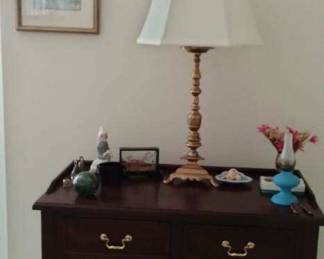 Waterford Furniture black walnut table, lamp, decor