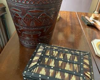 Leather trash can and Porcupine quill box